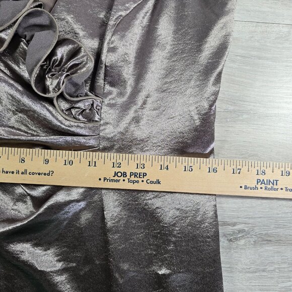 Dress Barn Party Dress Sz 14 Taupe Satin Midi Ruffle Sleeveless V Ruched Evening - Picture 4 of 8